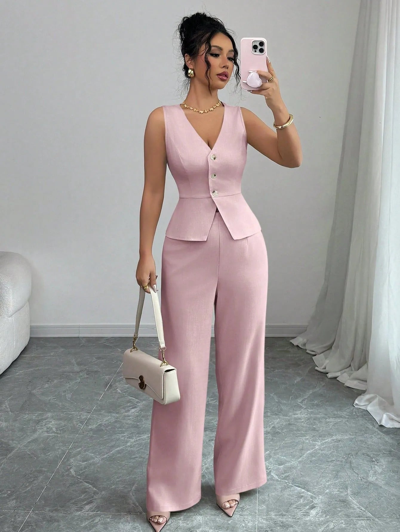 Women's sleeveless vest and high-waisted trousers two-piece set in solid colour casual design