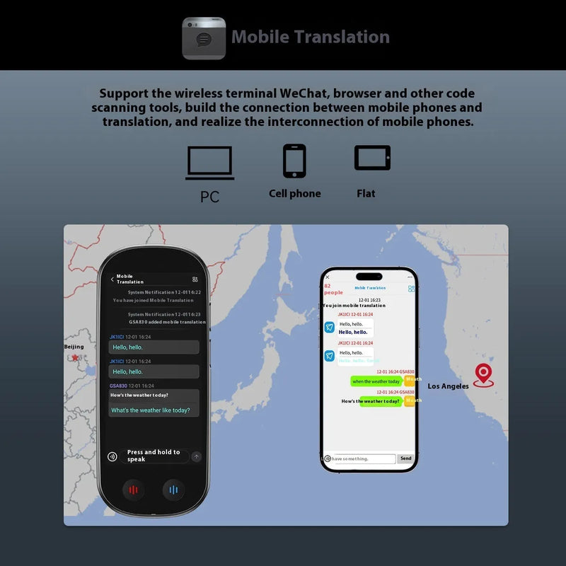 Multi-language Simultaneous Interpretation Translator device with built-in real-time voice translation for business meetings and travel conversations, supplied with a lanyard, charging cable and instructions in English and Chinese, colour black.