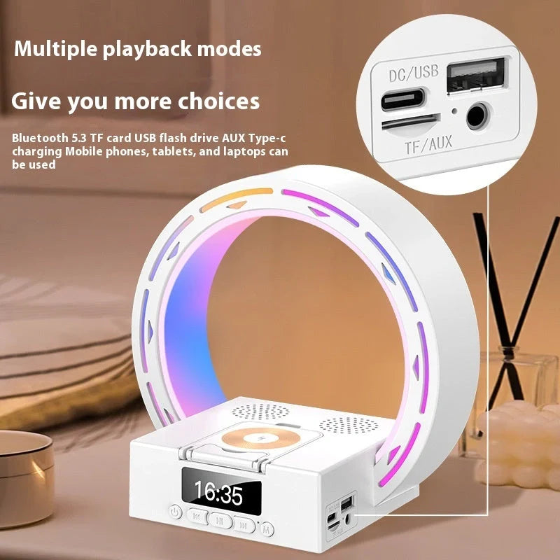 4-in-1 Wireless Bluetooth Speaker with charging pad and bedside lamp in white and black options