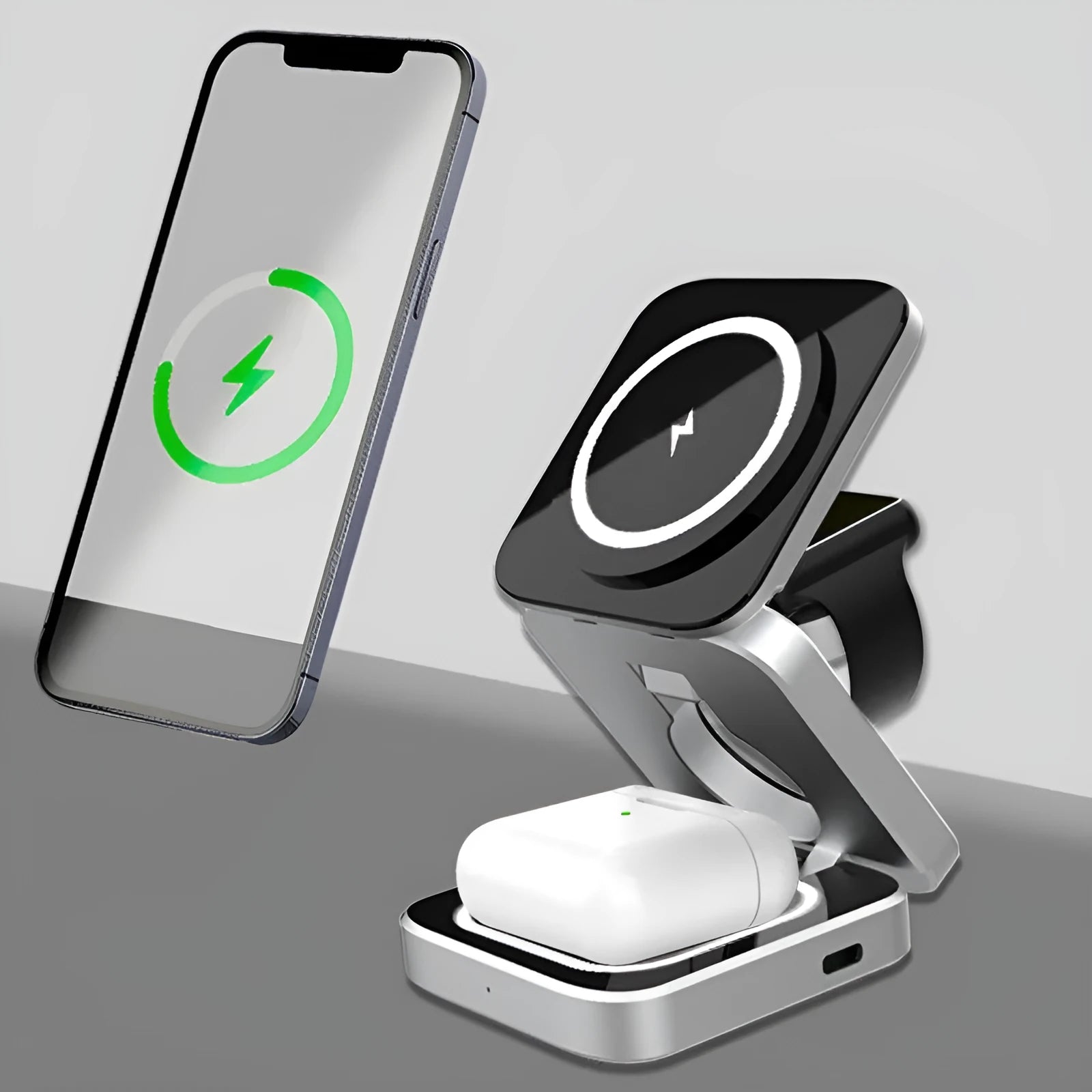 Folding three-in-one wireless charging bracket for Apple Samsung and Google devices with magnetic induction ring
