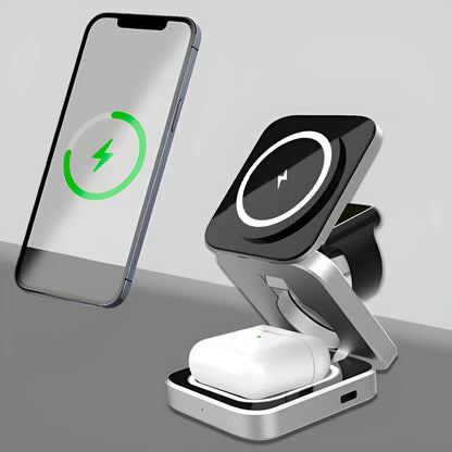 Folding three-in-one wireless charging bracket for Apple Samsung and Google devices with magnetic induction ring