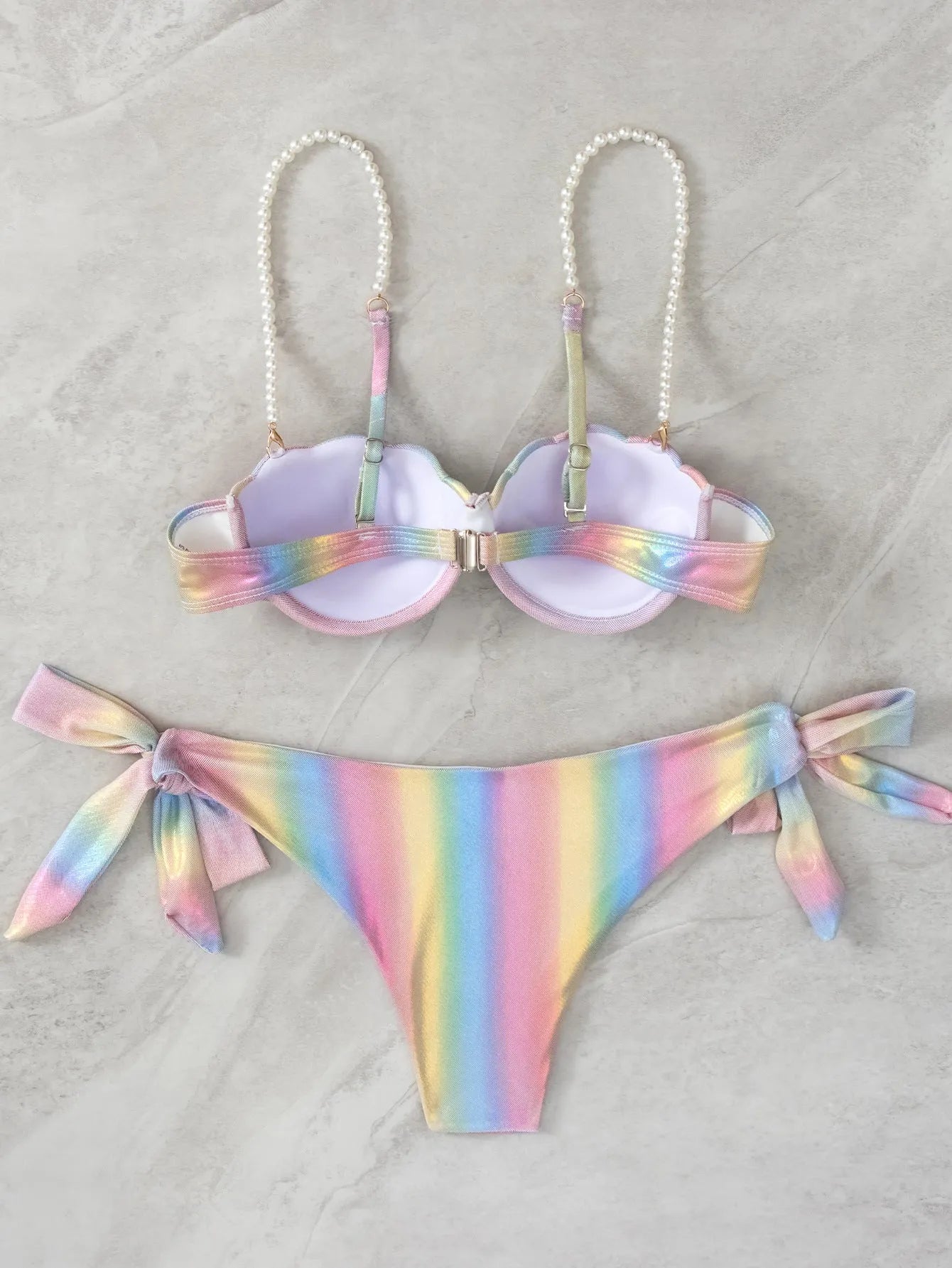 Women's shell rainbow bikini swimsuit with tied front design in polyester fabric for swimming