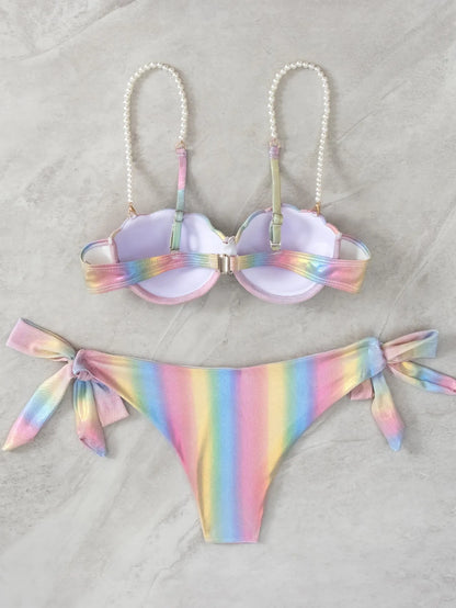Women's shell rainbow bikini swimsuit with tied front design in polyester fabric for swimming
