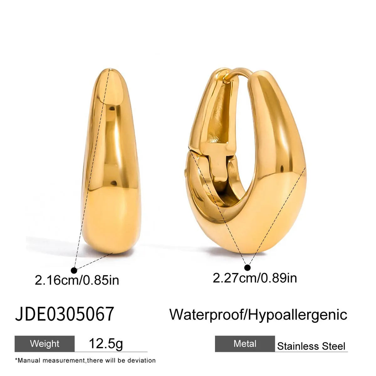 Pair of 18K gold plated stainless steel ear clips with geometric oval ellipse shape for women