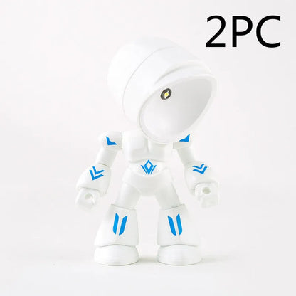 Mini mecha robot hero LED night light with adjustable arms on a desk.