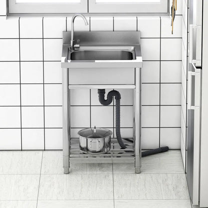 Stainless steel vegetable washing basin with a brushed finish and a deep, single sink design.