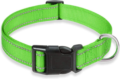 Nylon adjustable dog collar with chest strap in multiple colour options on a white background
