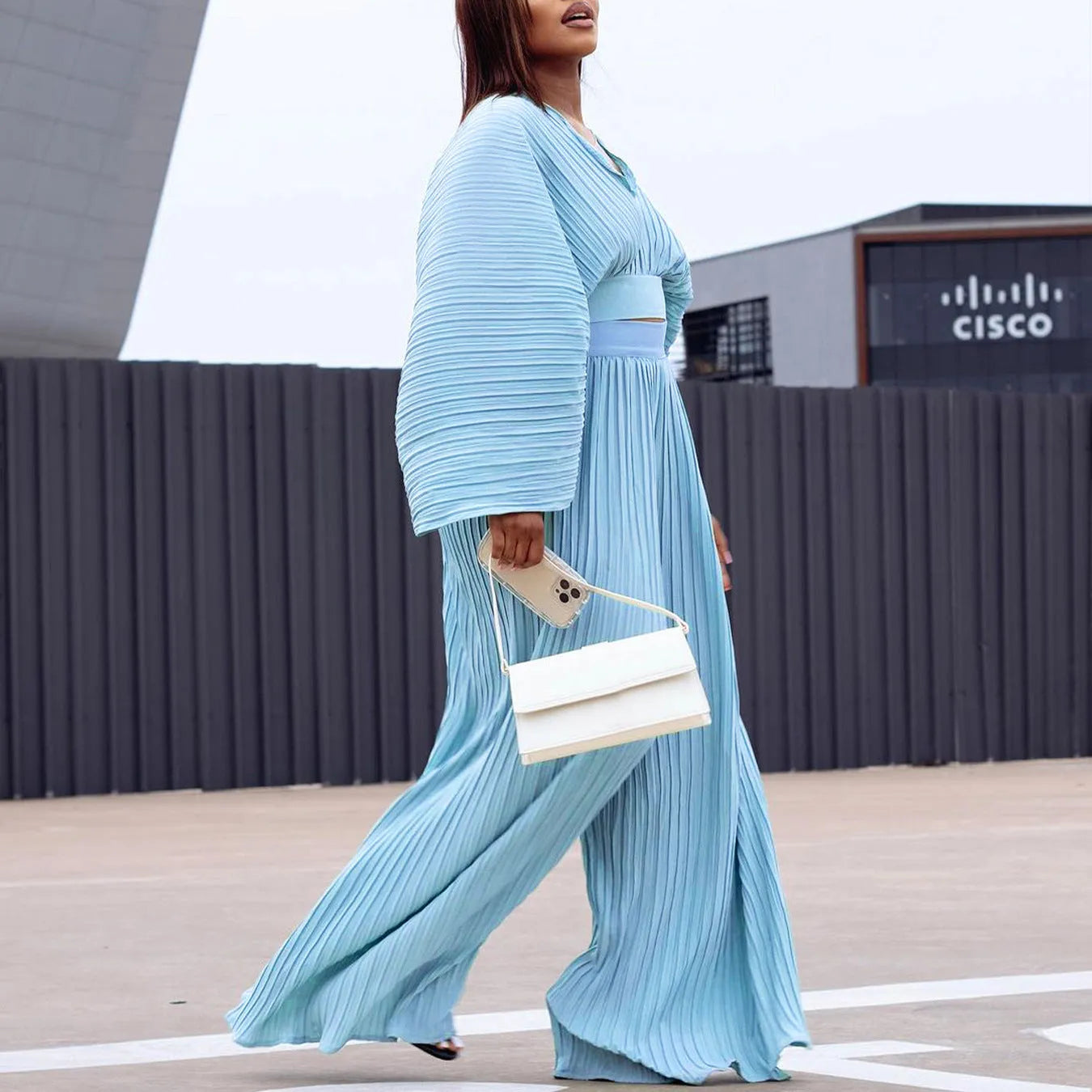 African suit two-piece set with batwing sleeve top and wide leg trousers in sapphire blue