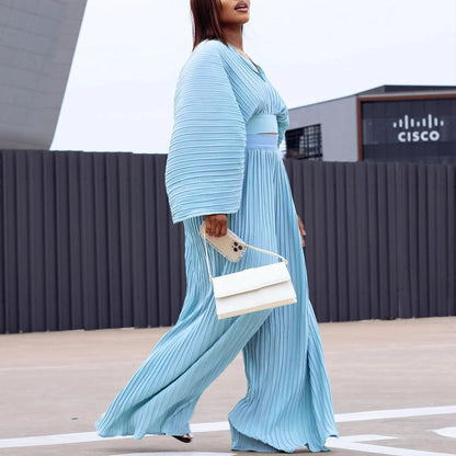 African suit two-piece set with batwing sleeve top and wide leg trousers in sapphire blue