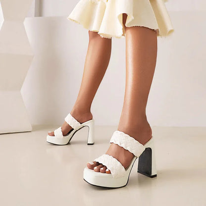 White or black PU platform chunky high heel sandals with open toe and woven foot detail, sizes 35-43