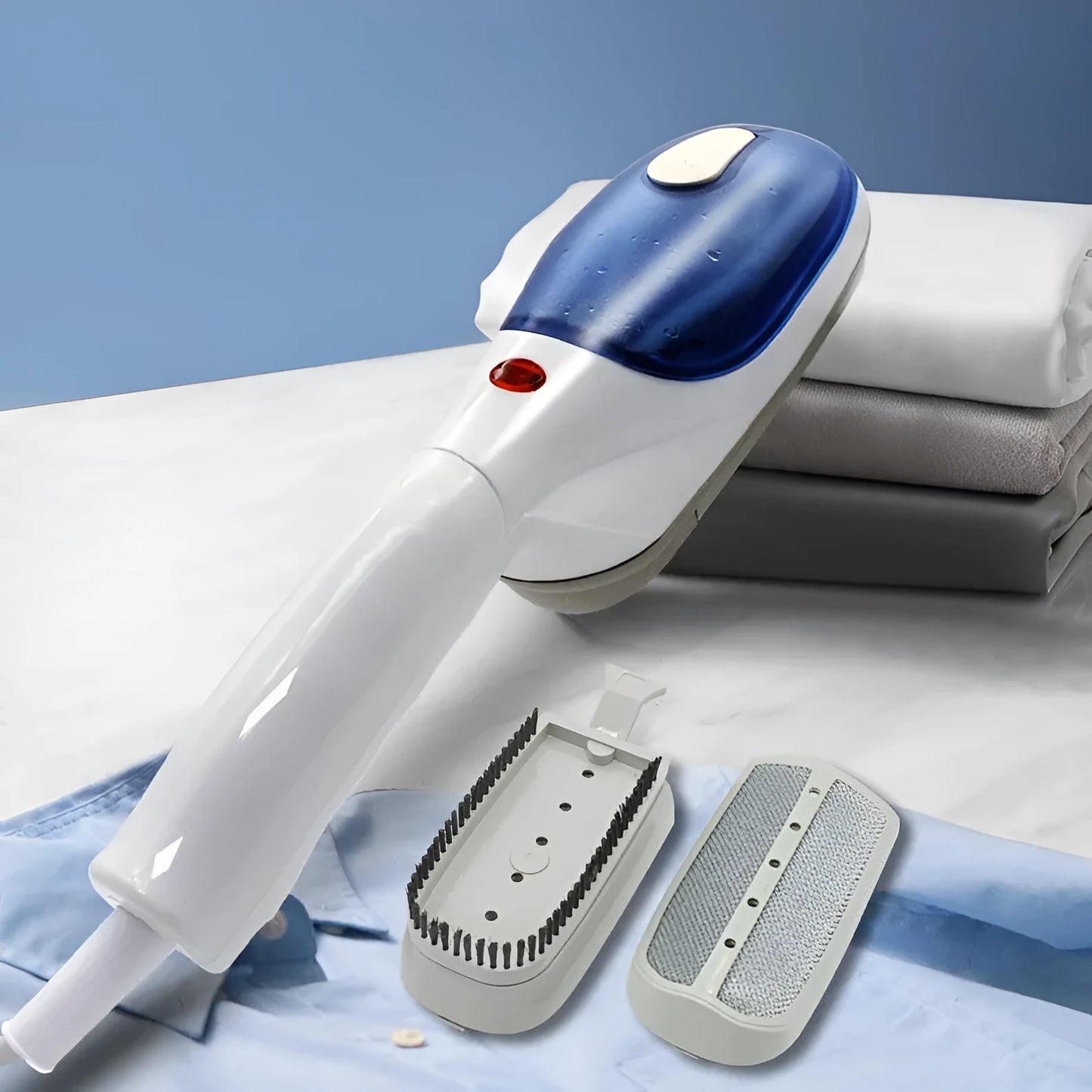 Handheld portable garment steamer with mechanical controls and dual voltage compatibility