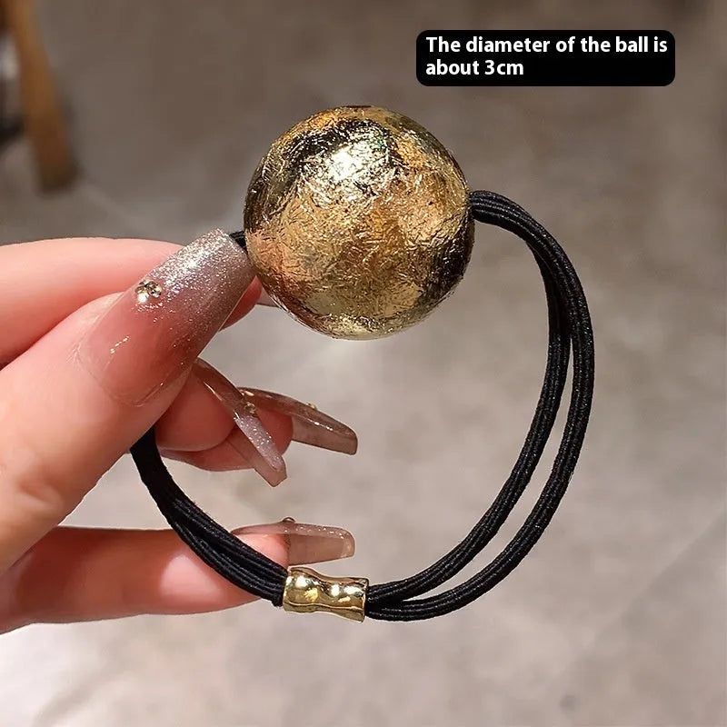Resin ball hair band with electroplated gold finish, round head rope style design