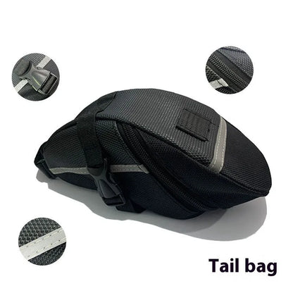 Black cycling saddle bag with quick-release mount showing 20x8x6cm dimensions on bicycle