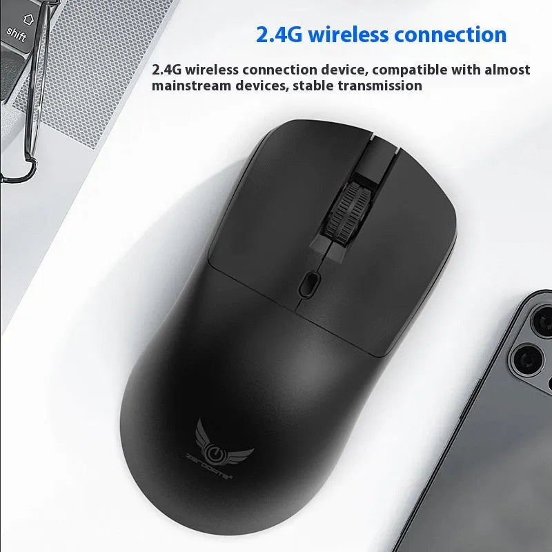 Black wireless computer mouse with three buttons and scroll wheel