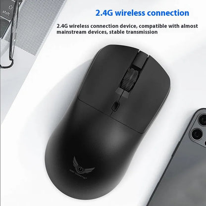 Black wireless computer mouse with three buttons and scroll wheel