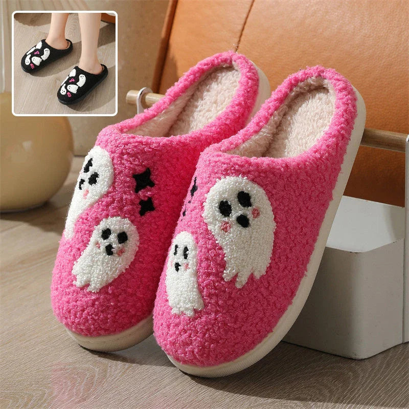 Cozy Halloween ghost-themed cotton slippers for women in pink and black colors