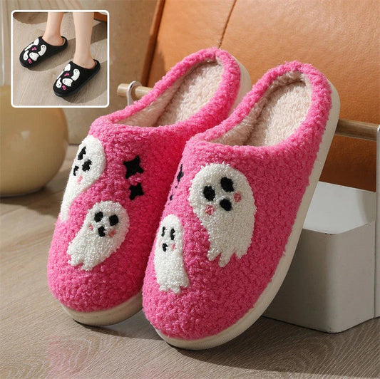 Cozy Halloween ghost-themed cotton slippers for women in pink and black colors