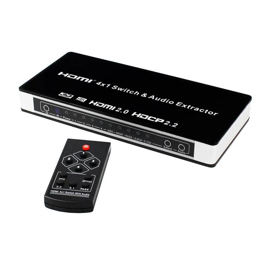 Black HDMI switch with remote control showing 4 HDMI inputs and 1 output for video switching with audio separation