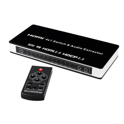 Black HDMI switch with remote control showing 4 HDMI inputs and 1 output for video switching with audio separation