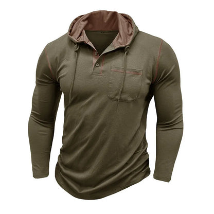 Man wearing a grey hooded henley long-sleeved t-shirt, showcasing the pullover style and cotton blend fabric.