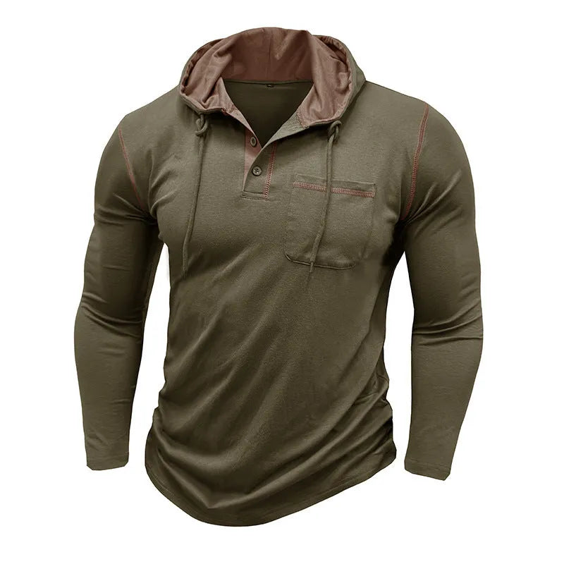 Men's hooded henley long-sleeved t-shirt made from cotton-blend fabric, pullover style available in 10 colours including wine red, royal blue, and khaki, available in sizes S to XXXL with Asian sizing guidance provided