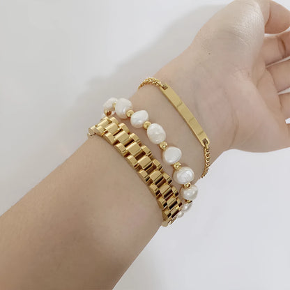 Titanium steel geometric link bracelet for women in gold or steel colour, adjustable 16.5cm to 21cm, 10mm height