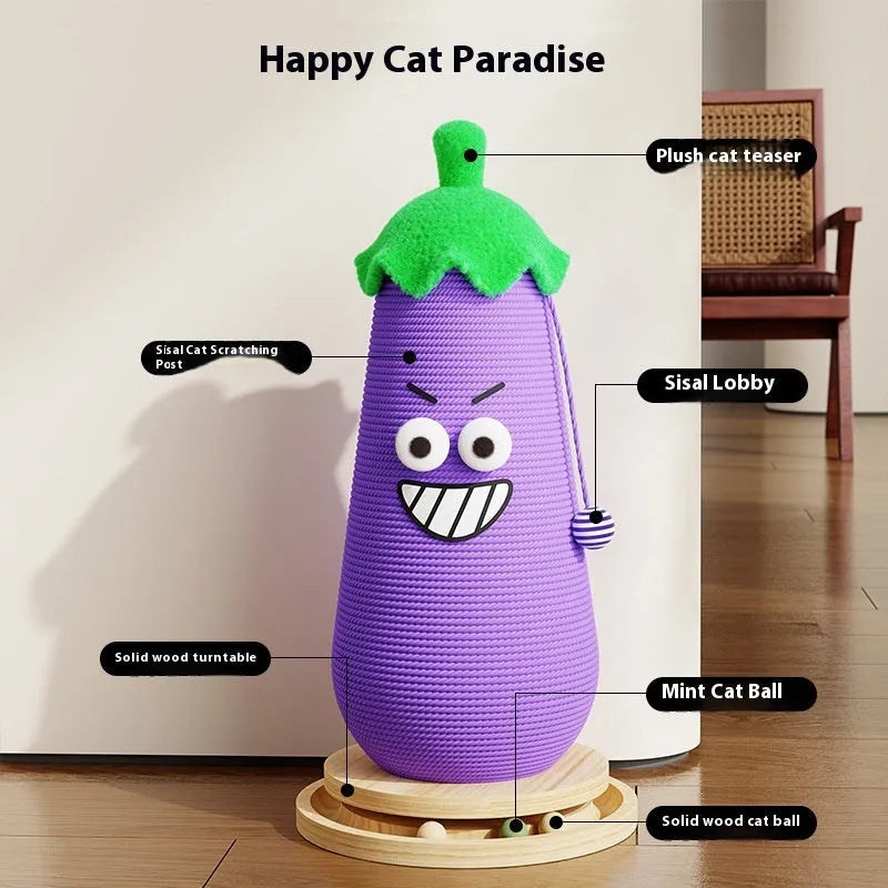 Wooden cat scratch board toy with blue and purple hip hop eggplant print cloth bag wrapper