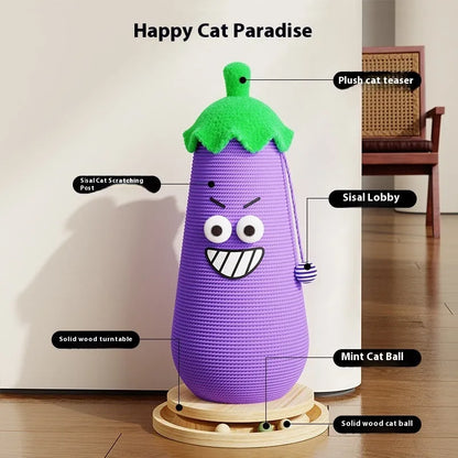 Wooden cat scratch board toy with blue and purple hip hop eggplant print cloth bag wrapper