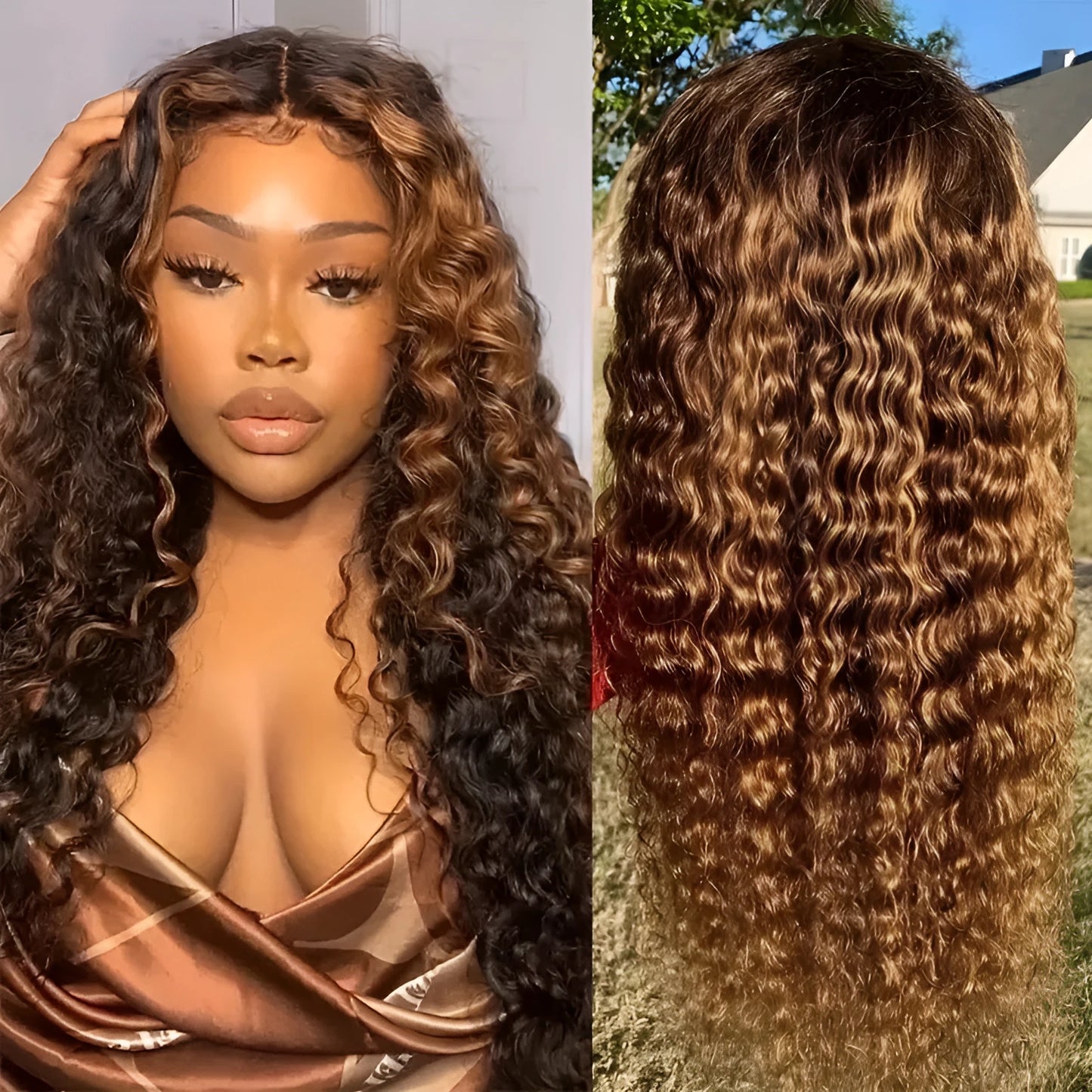 A long curly synthetic lace wig in a highlight gradient colour, shown on a wig stand.