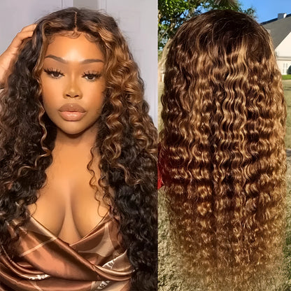 A long curly synthetic lace wig in a highlight gradient colour, shown on a wig stand.