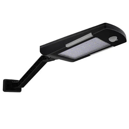 Black and white solar garden light with LED panel shown in wall mount and adjustable rod styles.