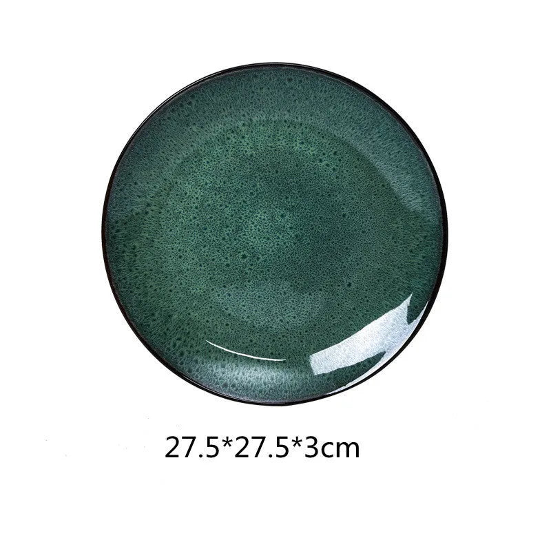 Retro European style porcelain bowls and plates set with round shape on dining table