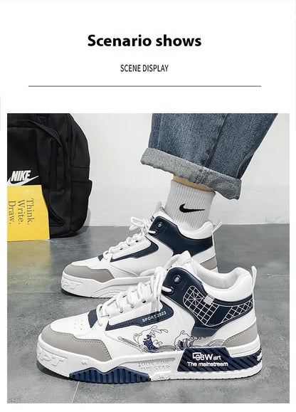 Men's beige, white, and blue high-top board shoes with lace-up front and rubber sole.