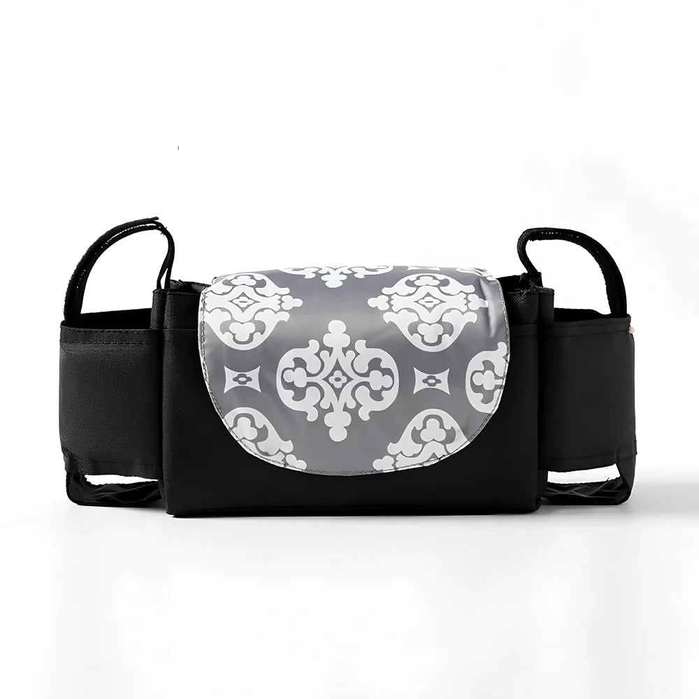 35cm wide baby stroller organiser with compartments and velcro dust cover mounted on pram pole