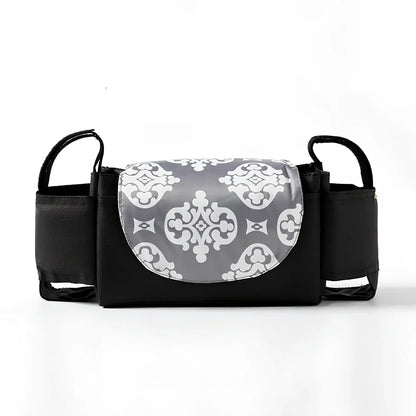 35cm wide baby stroller organiser with compartments and velcro dust cover mounted on pram pole