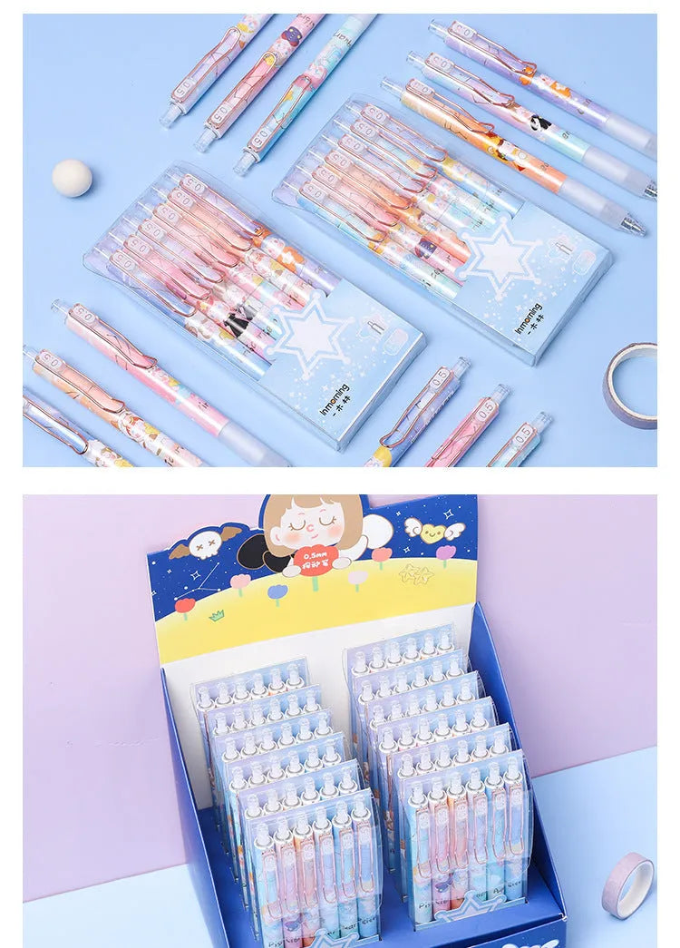 Six Lisa's Secret Constellation press gel pens showing 0.5mm tips and star pattern designs on plastic barrels