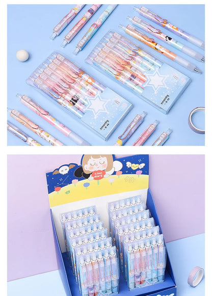 Six Lisa's Secret Constellation press gel pens showing 0.5mm tips and star pattern designs on plastic barrels