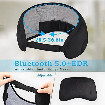 Black Bluetooth eye mask with memory foam padding and adjustable headband for light blocking and audio