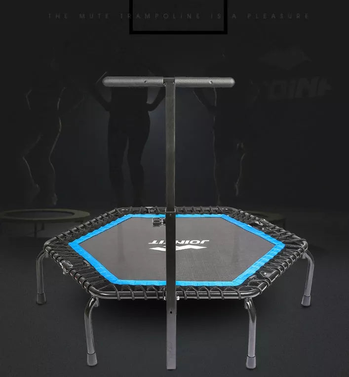 Hexagonal fitness trampoline with handrail for home and gym use