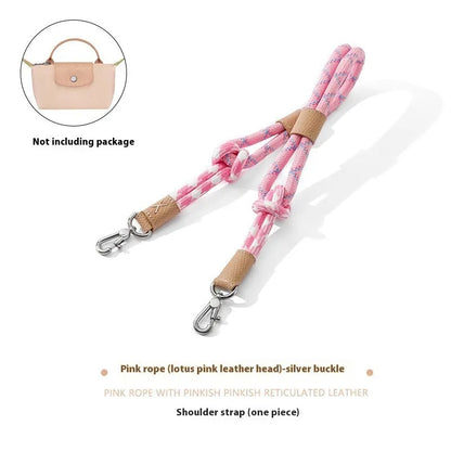Braided rope and leather shoulder strap with a metal buckle in gold or silver finish