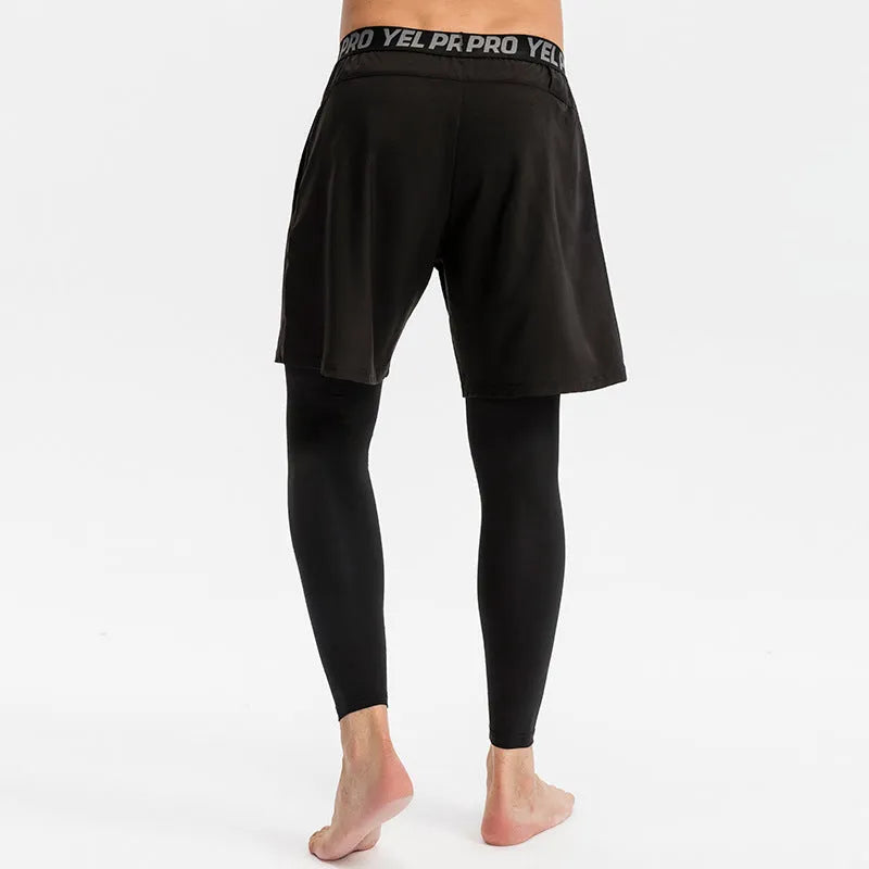 Men's tight fitness pants in polyester spandex fabric showing quick-dry properties and high elastic compression for athletic training