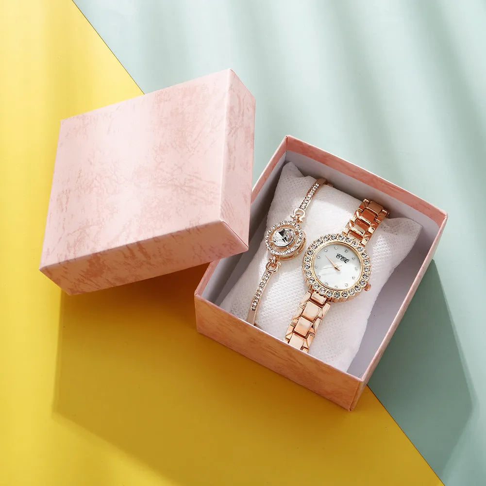 Women's diamond bracelet watch with 3cm round case, stainless steel strap, gold or silver, with bracelet and box option