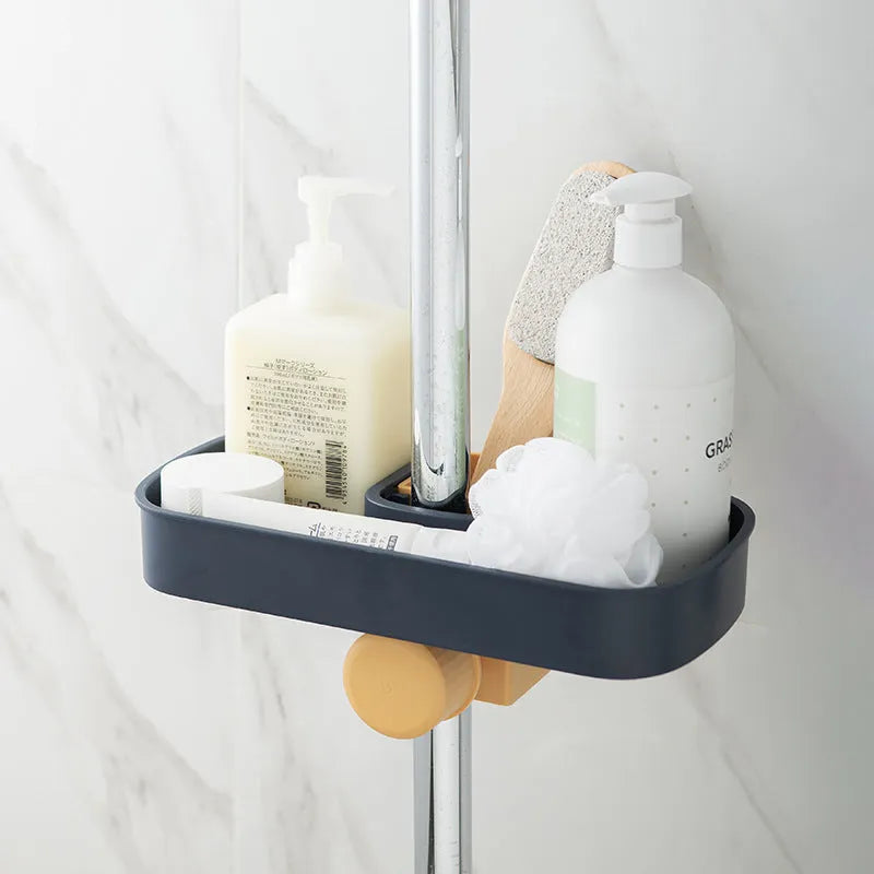 Blue adjustable sink shelf storage basket with soap sponge rack mounted on kitchen faucet