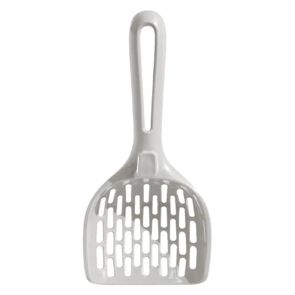 Grey plastic cat litter scoop and self-cleaning base set for litter box maintenance.