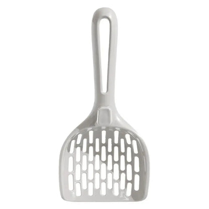 Grey plastic cat litter scoop and self-cleaning base set for litter box maintenance.