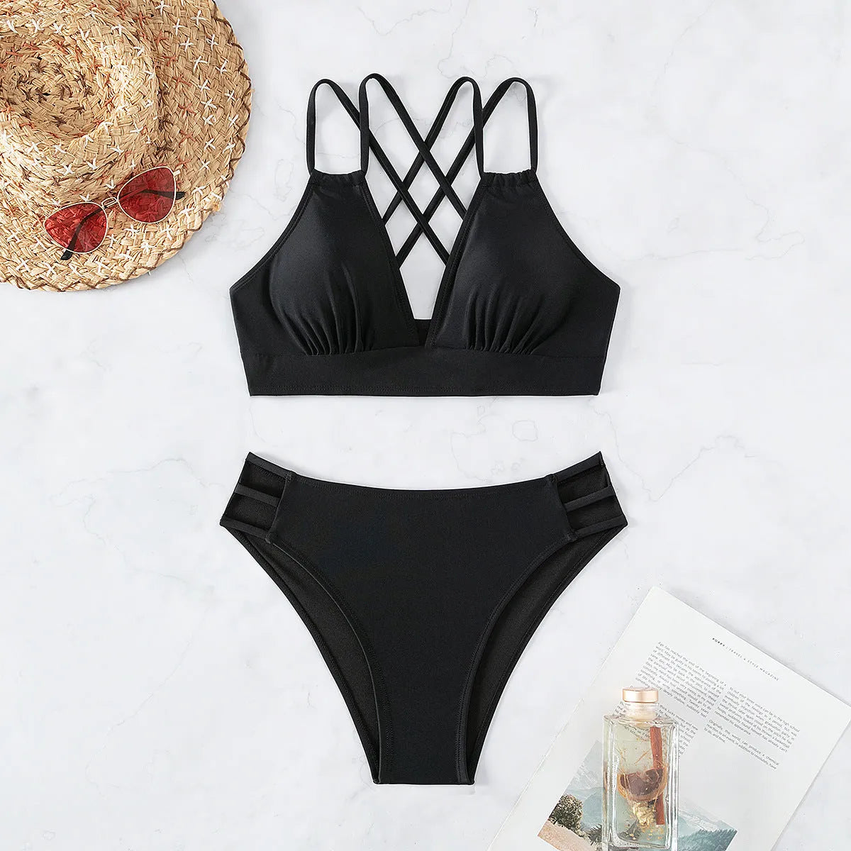 Women's nylon V-neck halter bikini swimsuit in a choice of six colours