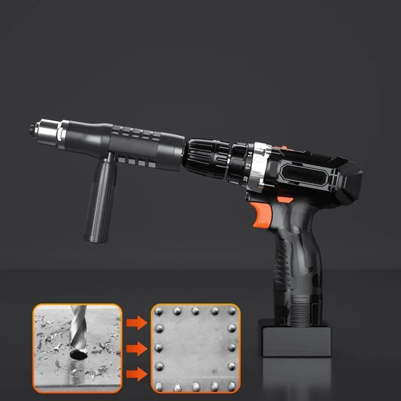 Alloy steel electric drill rivet gun adapter kit with four rivet heads and a wrench.