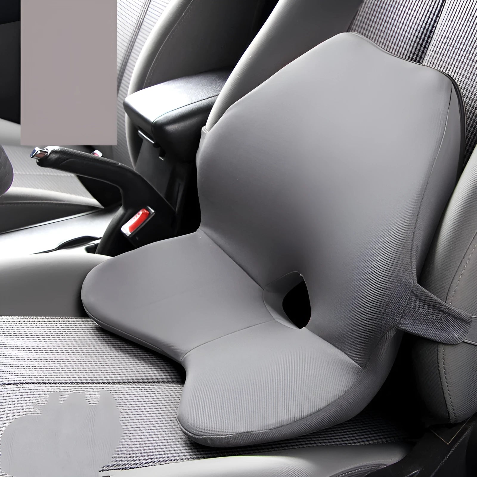 Black memory cotton car seat cushion with lumbar support and integrated headrest on a car seat.