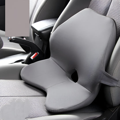 Black memory cotton car seat cushion with lumbar support and integrated headrest on a car seat.