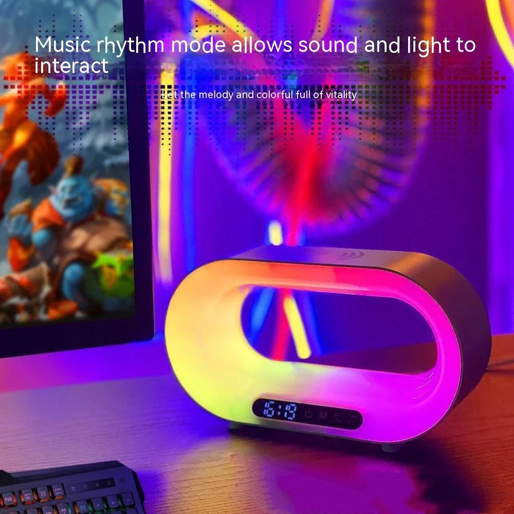 Multifunctional wireless charging desk lamp with dimmable RGB LED lighting, alarm clock, and fast wireless charging pad